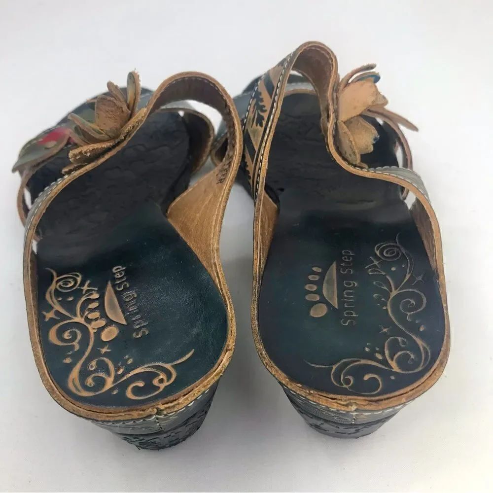 Spring Step Tooled Leather Colorful Flower Slip On Wedge Sandals - Picture 6 of 13